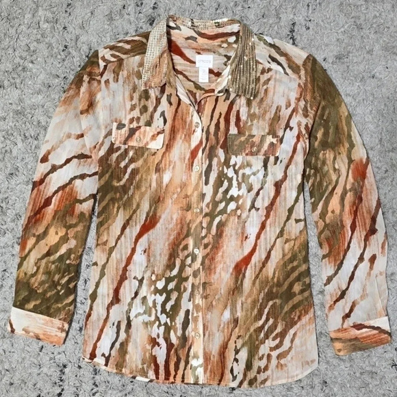 CHICOS 2 Neutral Zebra Chic Joceline Top Long Sleeve Sequin Collar - Picture 2 of 16